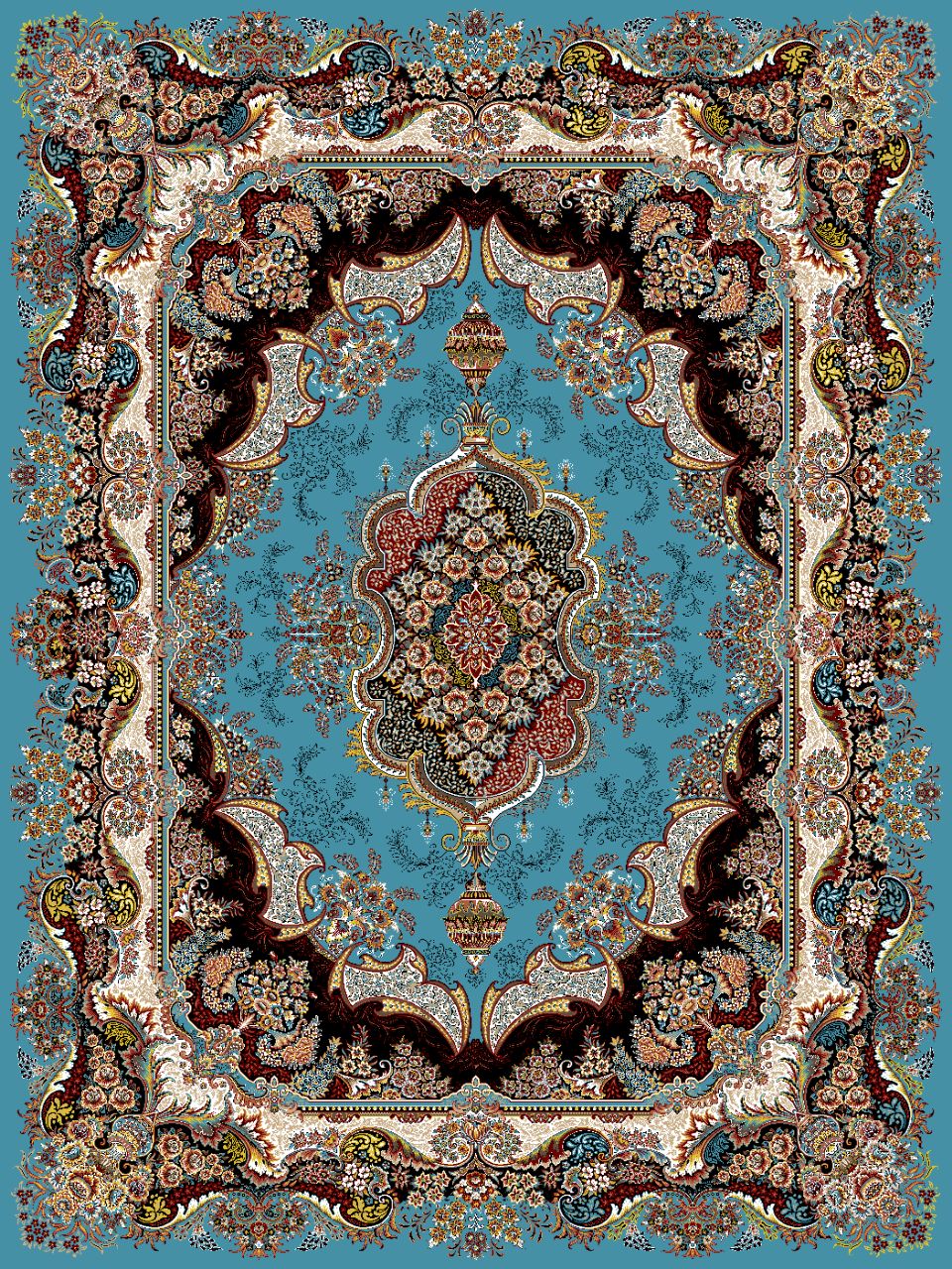 فرش ماشینی ٧٠٠ شانه تراکم ٢١٠٠ ٤*٣ طرح اشکان آبی گلسار